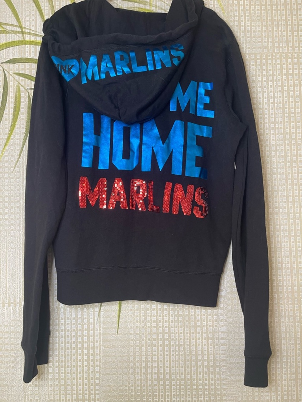PINK Victoria's Secret Black Zip-Up Sequined Miami Marlins hoodie size L